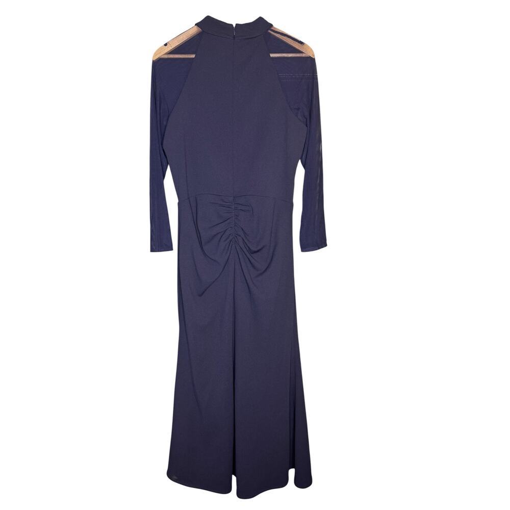 Betsy & Adam Size 16 Navy Mock Neck Illusion Sleeve Ruffle Formal Gown - Picture 3 of 13